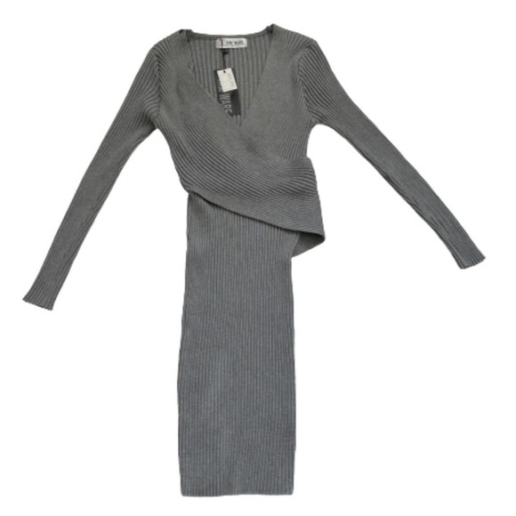 Tam Ware Dress Gray Ribbed Knit V Neck Long Sleeve Sweater Bodycon Dress Small - Picture 8 of 12